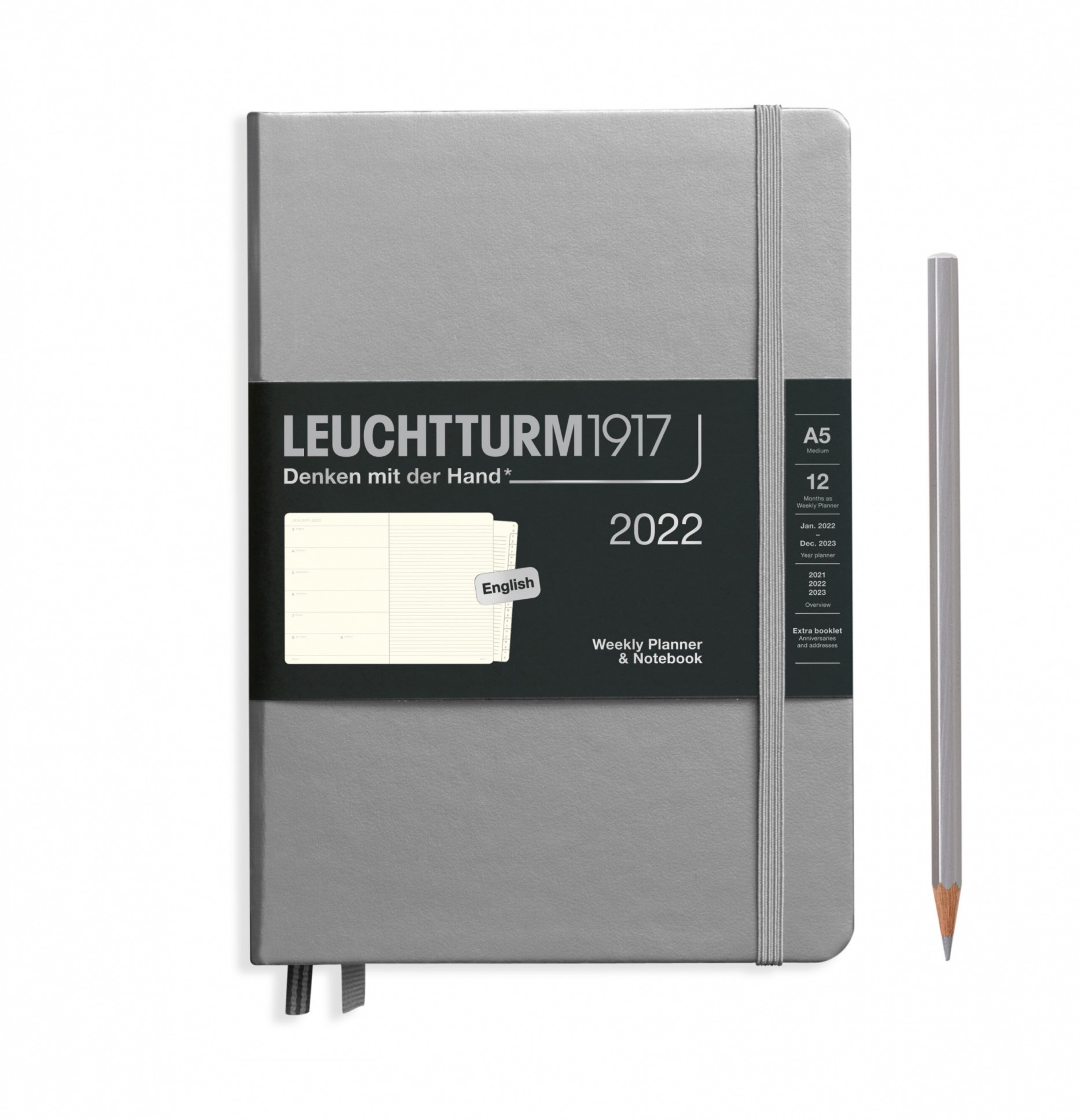 Еженедельник 2022 А5 Leuchtturm с записной книжкой + доп. буклет, серебристый