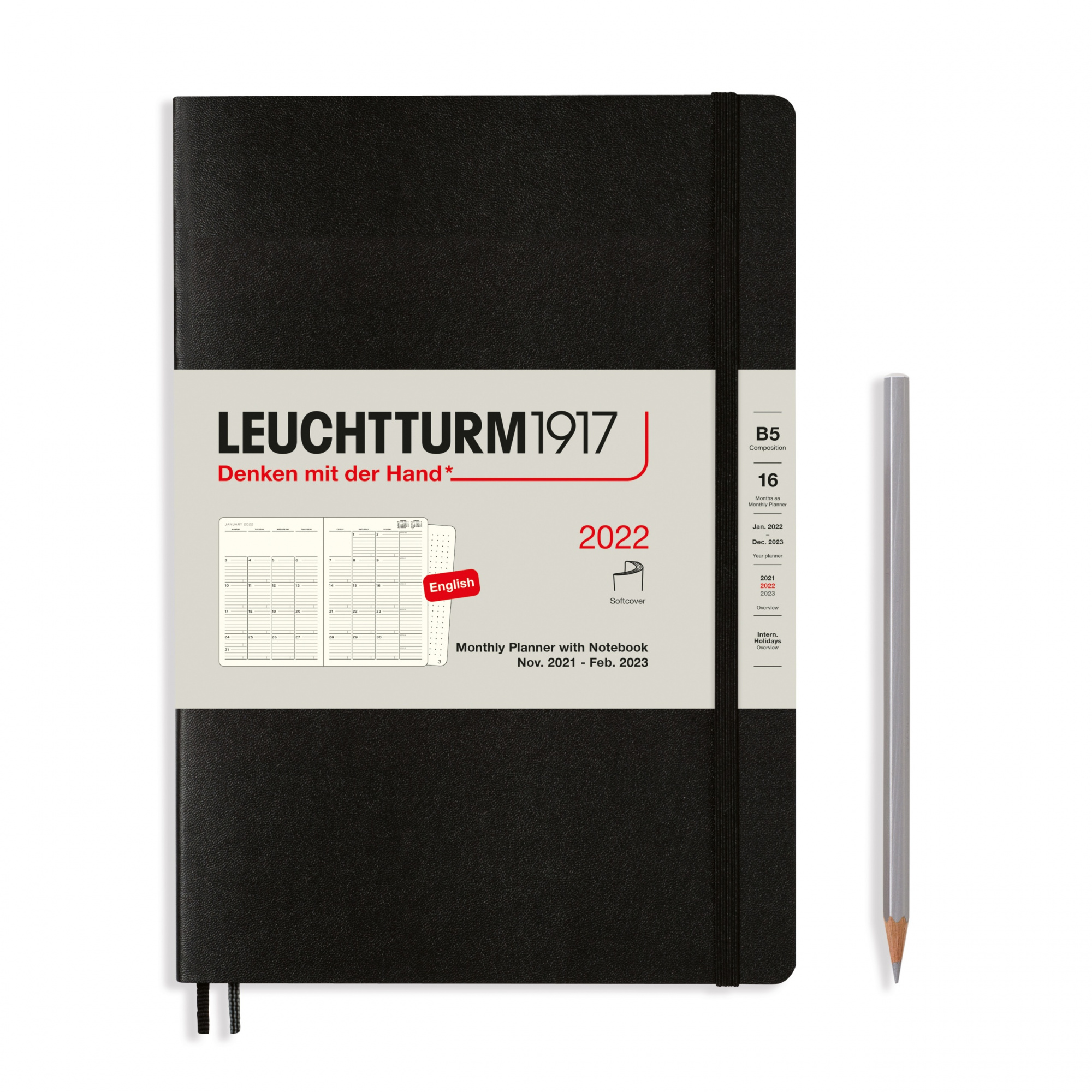 Ежемесячник 2022 B5 Leuchtturm на 16 мес. в гибкой обложке, чёрный