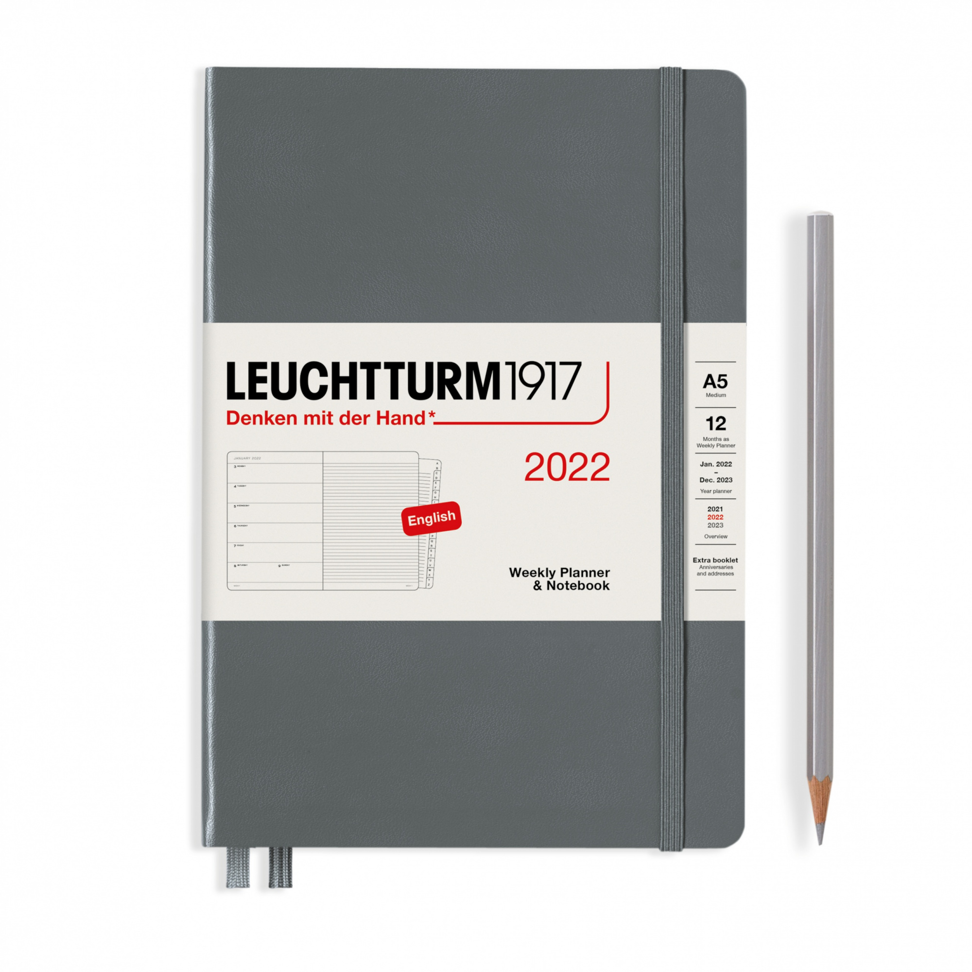 Еженедельник 2022 А5 Leuchtturm с записной книжкой + доп. буклет, антрацит