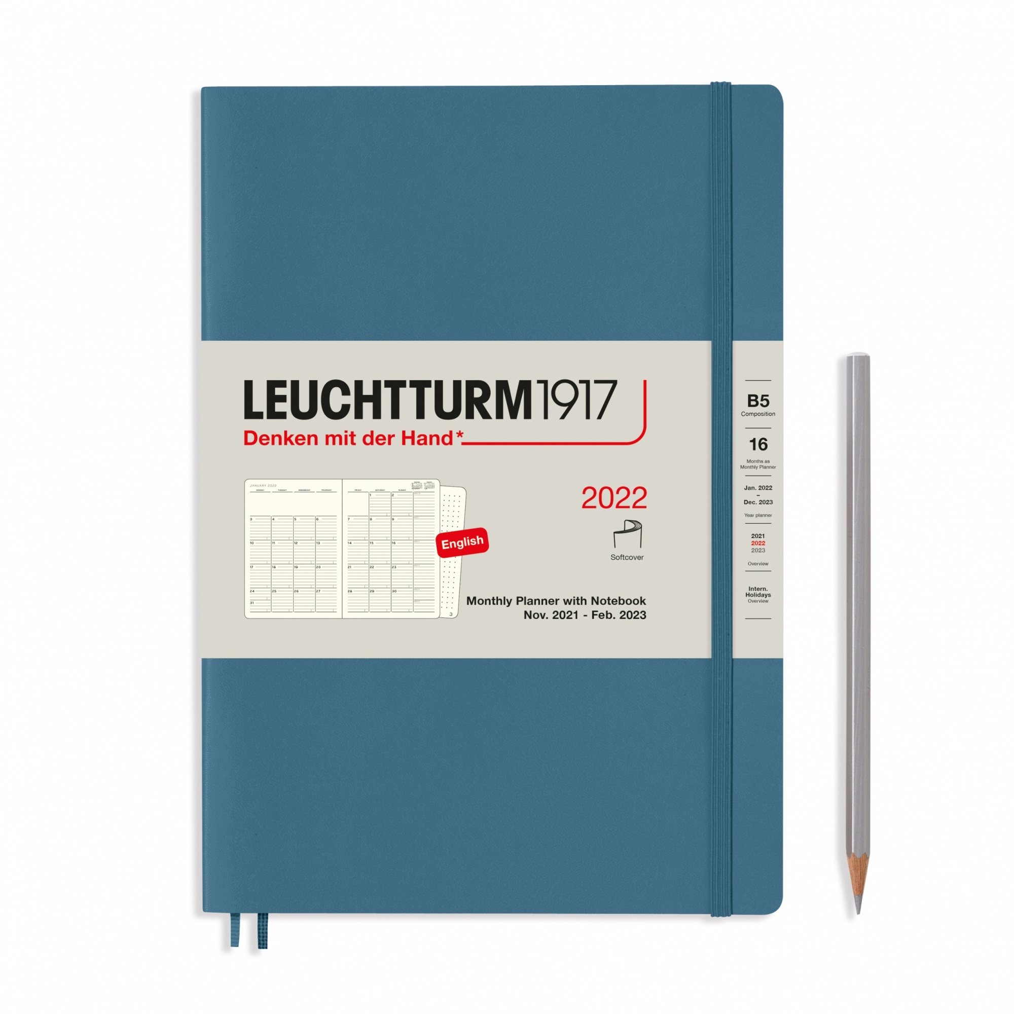 Ежемесячник 2022 B5 Leuchtturm на 16 мес. в гибкой обложке, синий камень