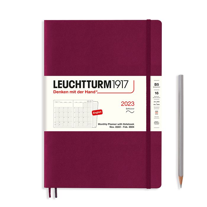 Ежемесячник 2023 на 16 мес. Leuchtturm B5 с записной книжкой в гибкой обложке, винный