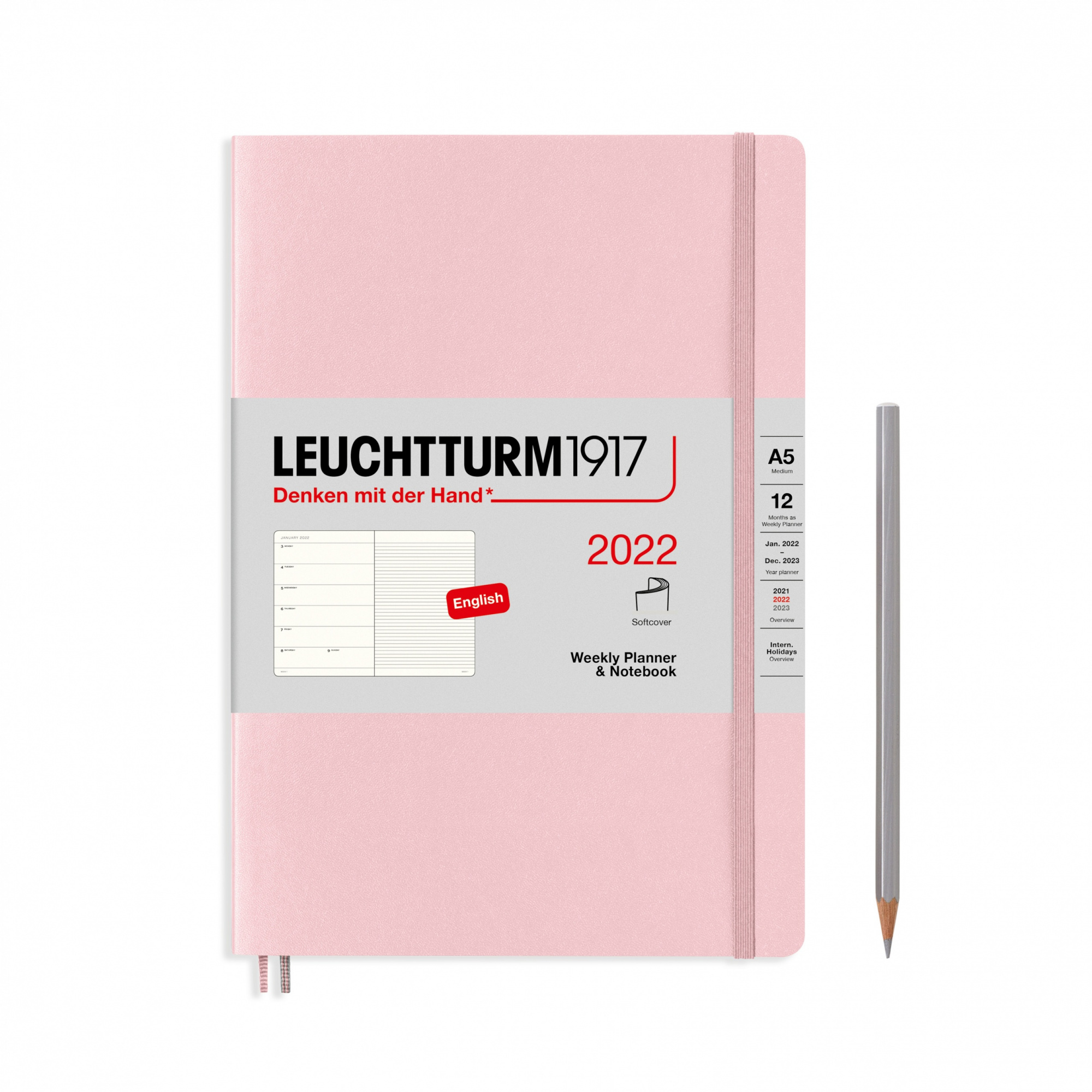 Еженедельник 2022 А5 Leuchtturm в гибкой обложке с записной книжкой, пудровый