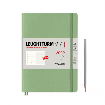 Еженедельник 2022 А5 Leuchtturm в гибкой обложке с записной книжкой, пастельный зелёный