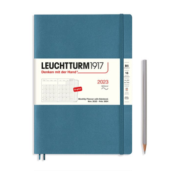 Ежемесячник 2023 на 16 мес. Leuchtturm B5 с записной книжкой в гибкой обложке, синий камень